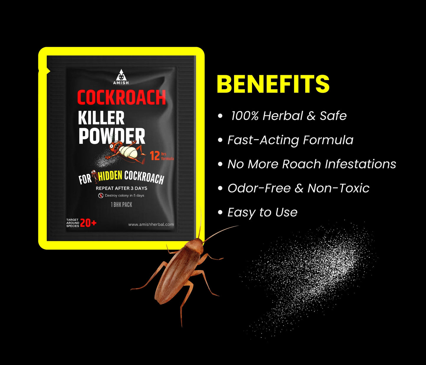 Amish Herbal Cockroach Killer Powder 100% Natural | Effective in 3 Days | with free ant gel
