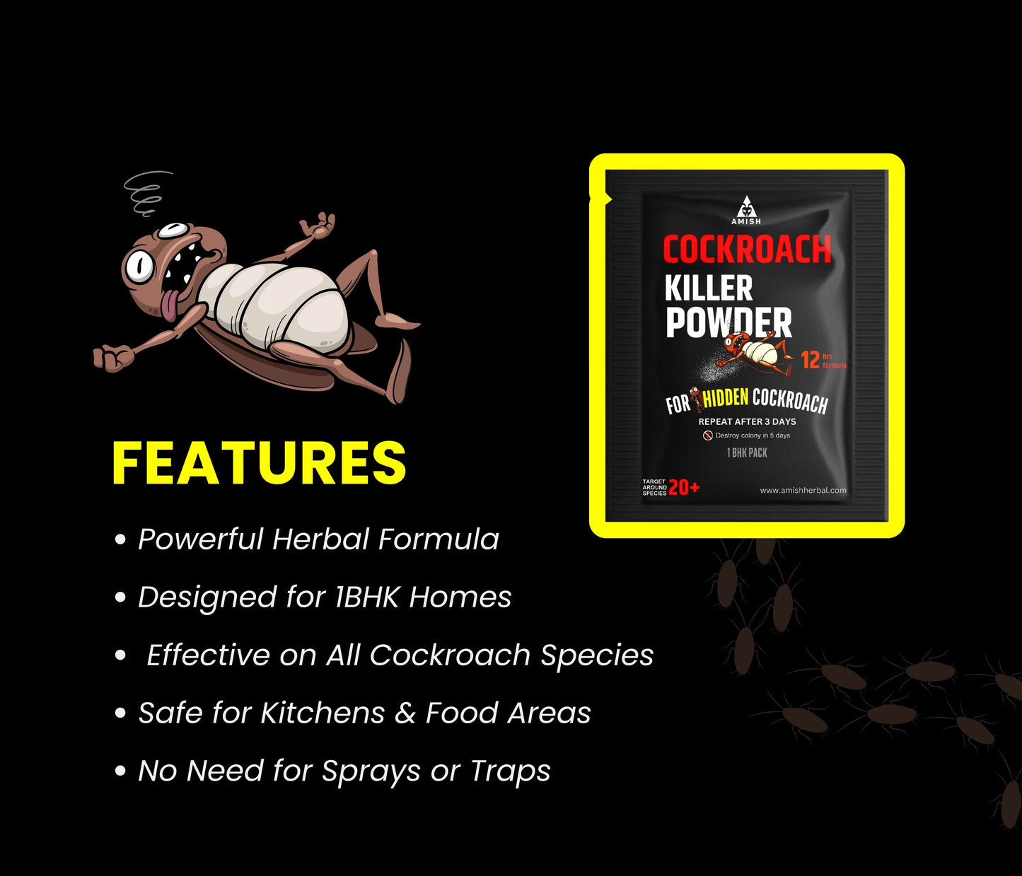 Amish Herbal Cockroach Killer Powder 100% Natural | Effective in 3 Days | with free ant gel