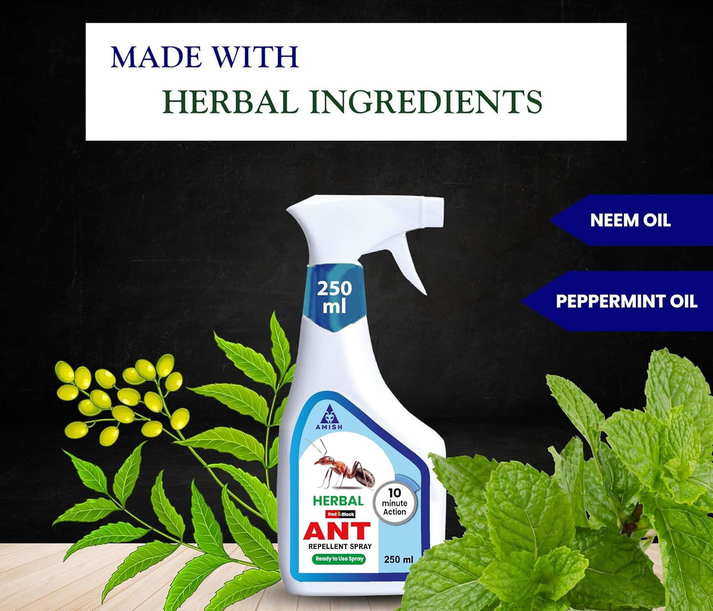 Amish Herbal Ant Spray 250ml Pack-1|10 Minutes Formula |Removes Entire Ant colony|Powerful 100% Organic No Chemical Ant Repellent Spray for Home Kitchen Office Garden Long Lasting Protection